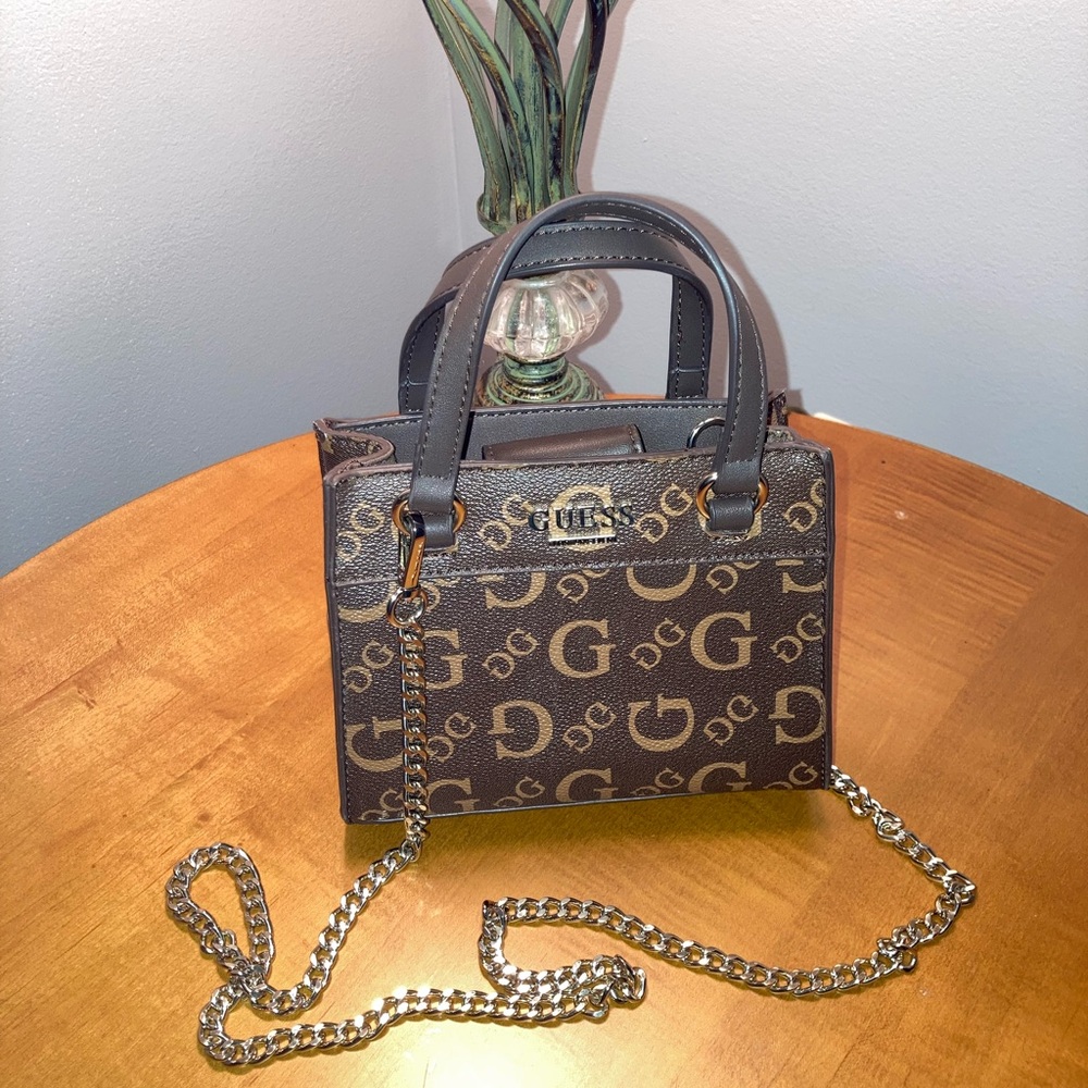 GUESS Taylor Mini Crossbody Bag w/Brown Logo Design & Silver Chain